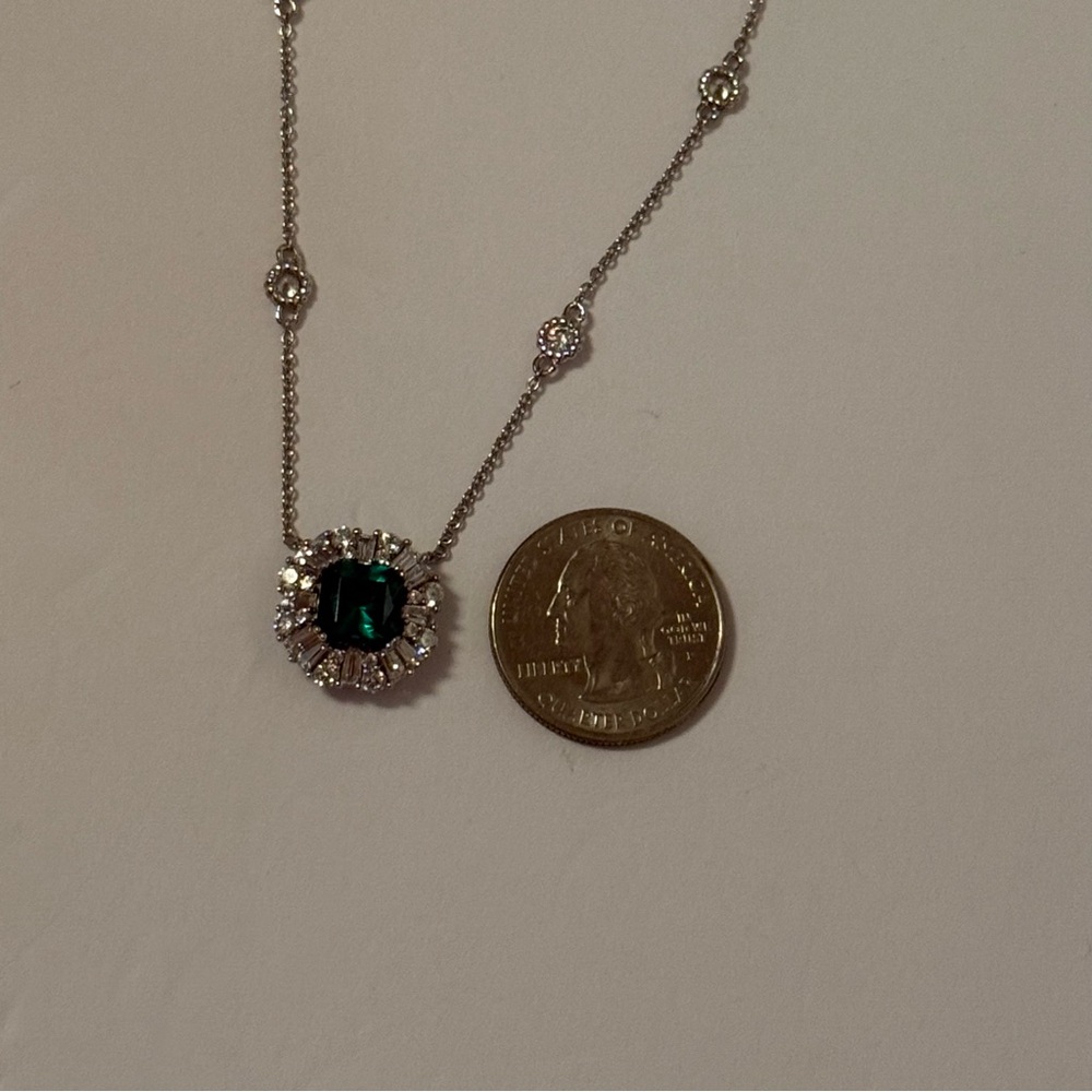 TOVA NECKLACE DIAMONIQUE CZ ROUND BAGUETTES SIMULATED EMERALD PENDANT STERLING - Picture 8 of 11